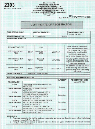 BIR Certificate of Registration